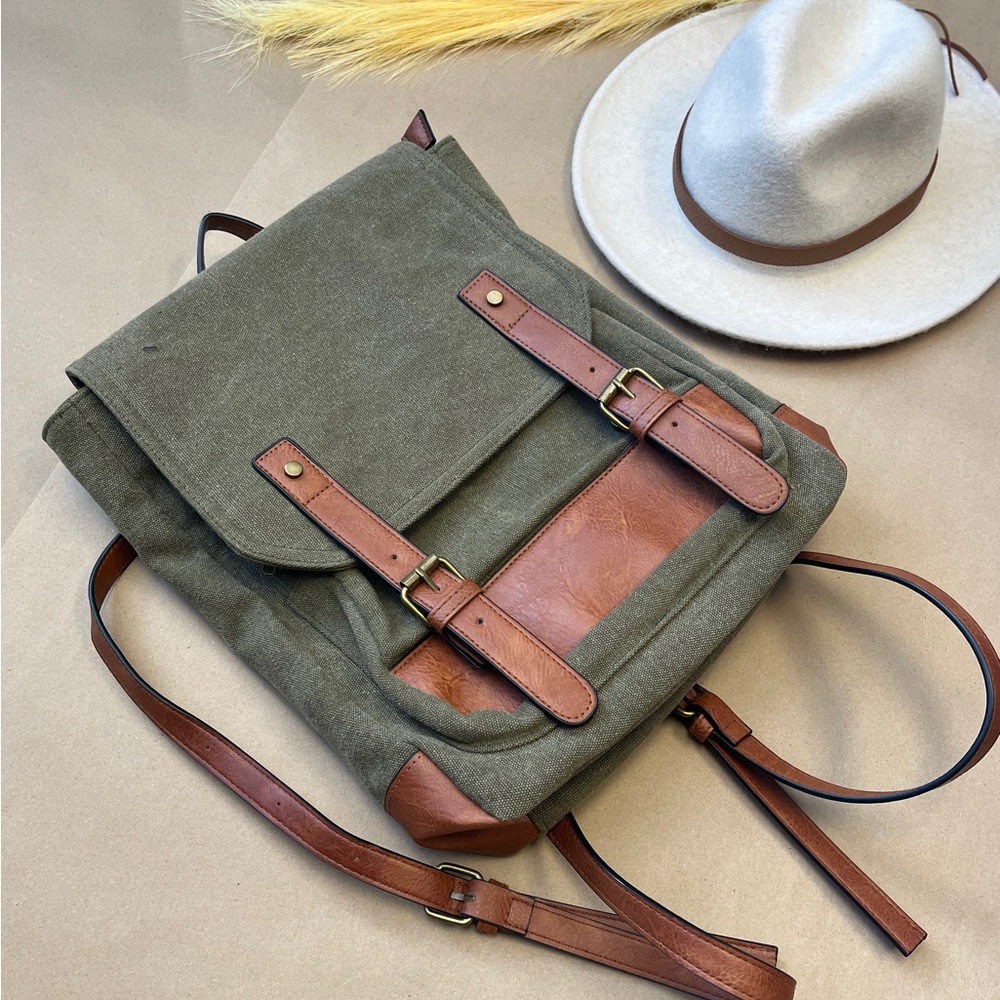 Cotton canvas backpack w vegan leather trim, tons of pockets bnwt!